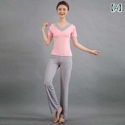 ヨガウェア 上下セット 春夏 レディース ストレート パンツ Vネック ジム スポーツ 五分袖 プルオーバー 胸パッド ロング 大きめサイズ ピンク グレー
