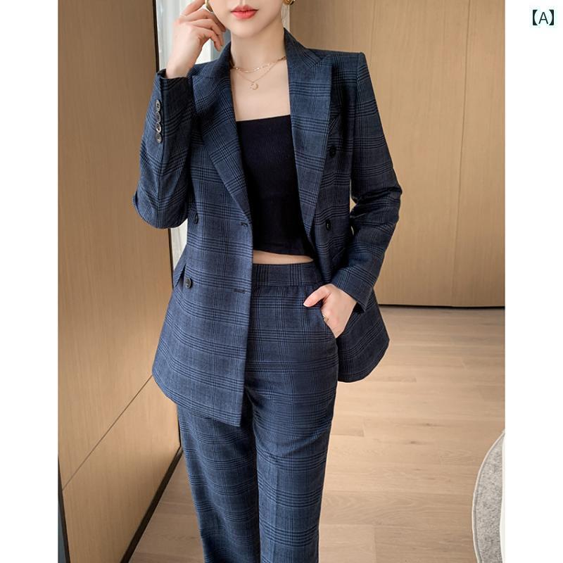 スーツ レディース ビジネス 春秋 長袖 ジャケット パンツ セットアップ ダブル ボタン ポケット スリム おしゃれ カジュアル チェック 大きめサイズ