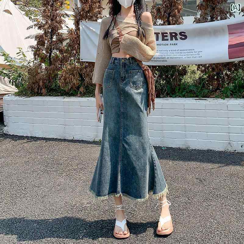 Blumarine 個性派　デニムマーメイドスカート＊フリンジ＆アシンメトリー裾 8ozケミカルデニム変形マーメイドスカート