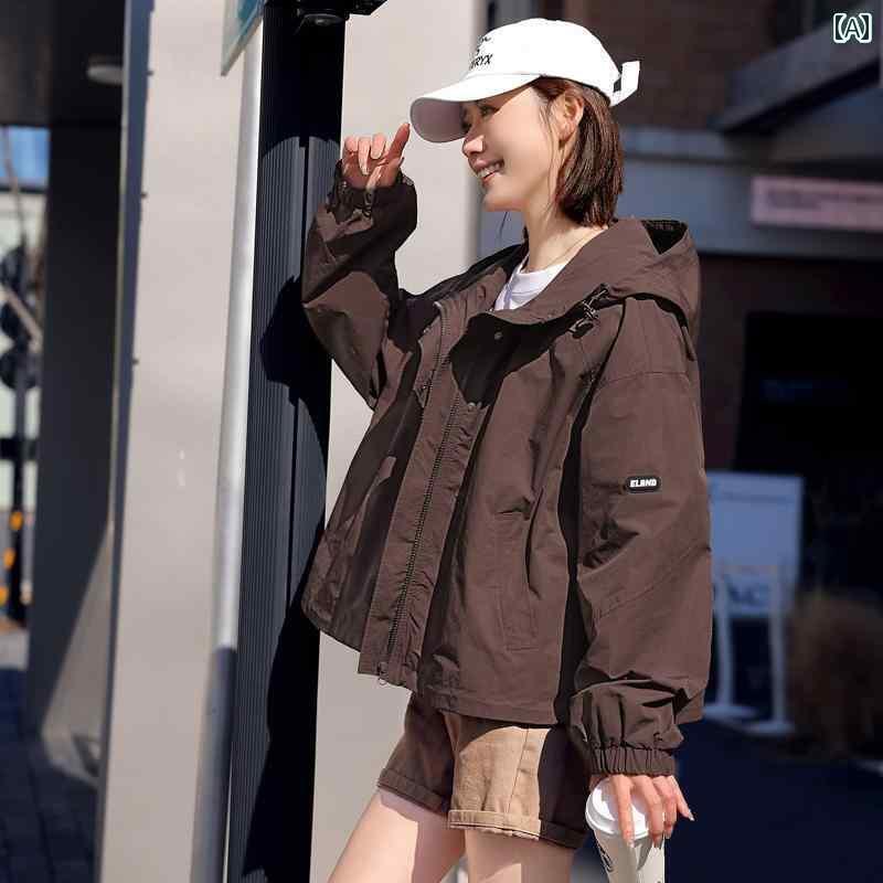 ウインドブレーカー レディース 春 韓国 ゆったり フード カジュアル 秋 ジップアップ ポケット ボタン 袖絞り 茶 アイボリー 黒｜おうち健康生活
