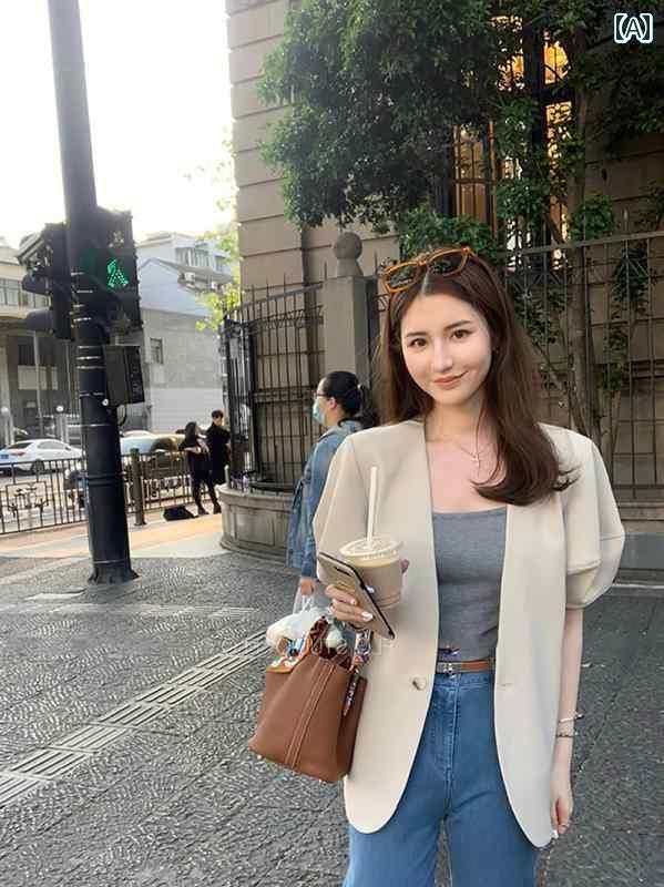 ノーカラー ジャケット レディース 夏 半袖 上着 羽織 薄手 前開き パフスリーブ シンプル 通勤 オフィス カジュアル きれいめ エレガント 黒 バニラ