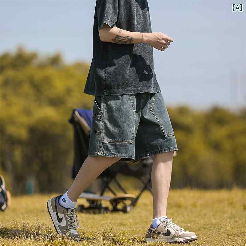 ハーフパンツ メンズ デニム スタッズ ロギング ワークウェア 夏 薄手 ゆったり アメリカン ウォッシュ レトロ 大きめサイズ ストレッチ 耐摩耗 ポケット 青 黒