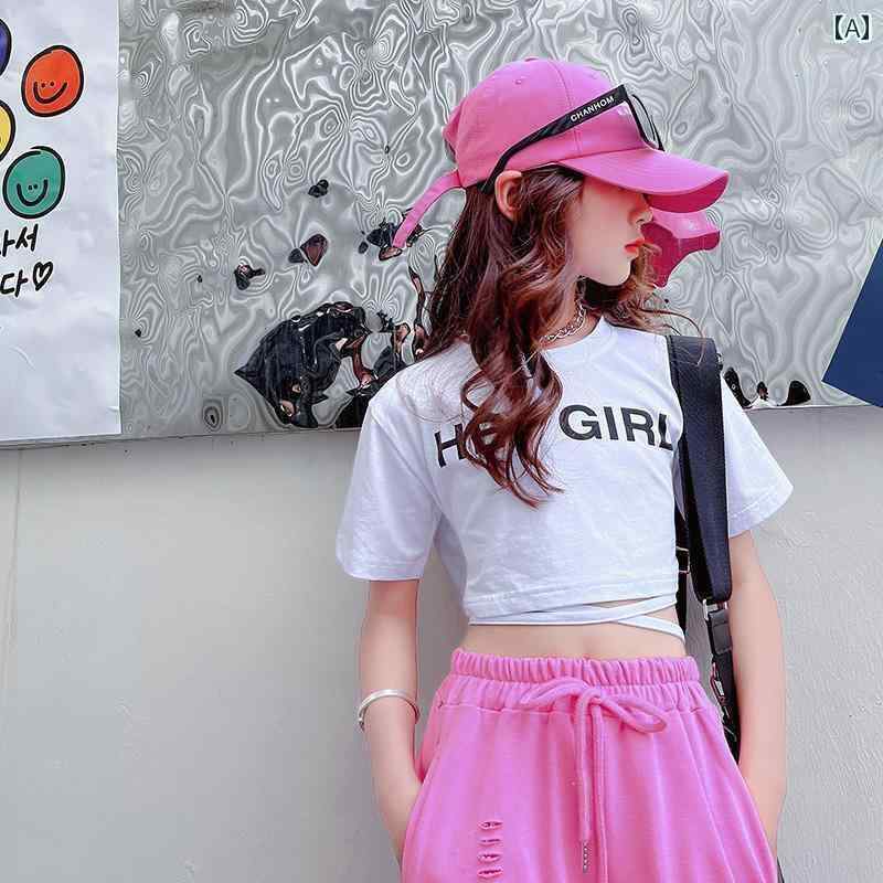 女の子 へそ出し トップス キッズ 夏 綿 半袖 Tシャツ 上下セット パンツ スウェット ウエストゴム ヒップホップ ダンス 衣装 おしゃれ クール ラウンドネック 大きめサイズ 白 黒