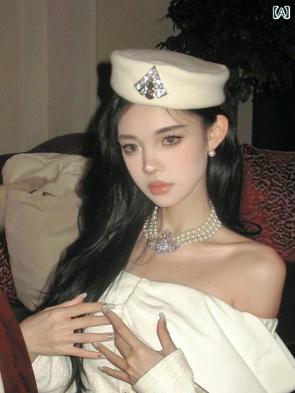 トーク帽 大人式 ウェディング レトロ エレガント レディース 大人 上品 バックル フラットトップ 春夏 ウール 調整可能 赤 黒 アイボリー ネックレス