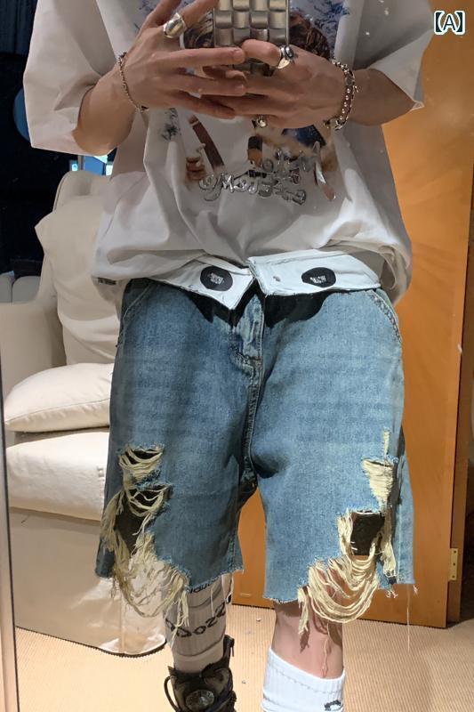 メンズ ハーフパンツ デニム ダメージ ヴィンテージ風風 夏 薄手 履きやい ゆったり ワイド ジッパー ひんやり 青 カジュアル おしゃれ