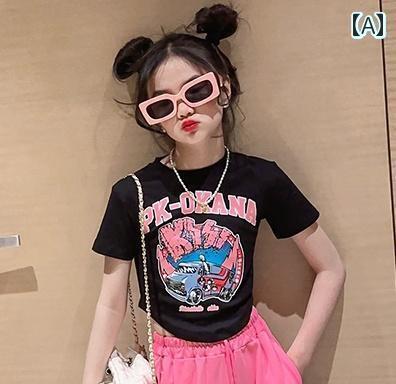へそ出し トップス キッズ 女の子 半袖 長袖 Tシャツ パンツ 夏 ショート ラウンドネック クロップド スウェット コットン ダンス ヒップホップ ストリート ジャズ パフォーマンス 衣装 練習 おしゃれ クール プリント ブラック ホワイト ピンク