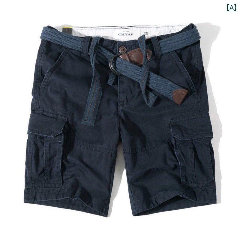 カーゴ ハーフパンツ メンズ 夏 ボトムス ストレート 五分丈 ポケット 綿 ベルト アウトドア 旅行 作業 レトロ アメカジ おしゃれ 無地 迷彩 カーキ 緑 グレー