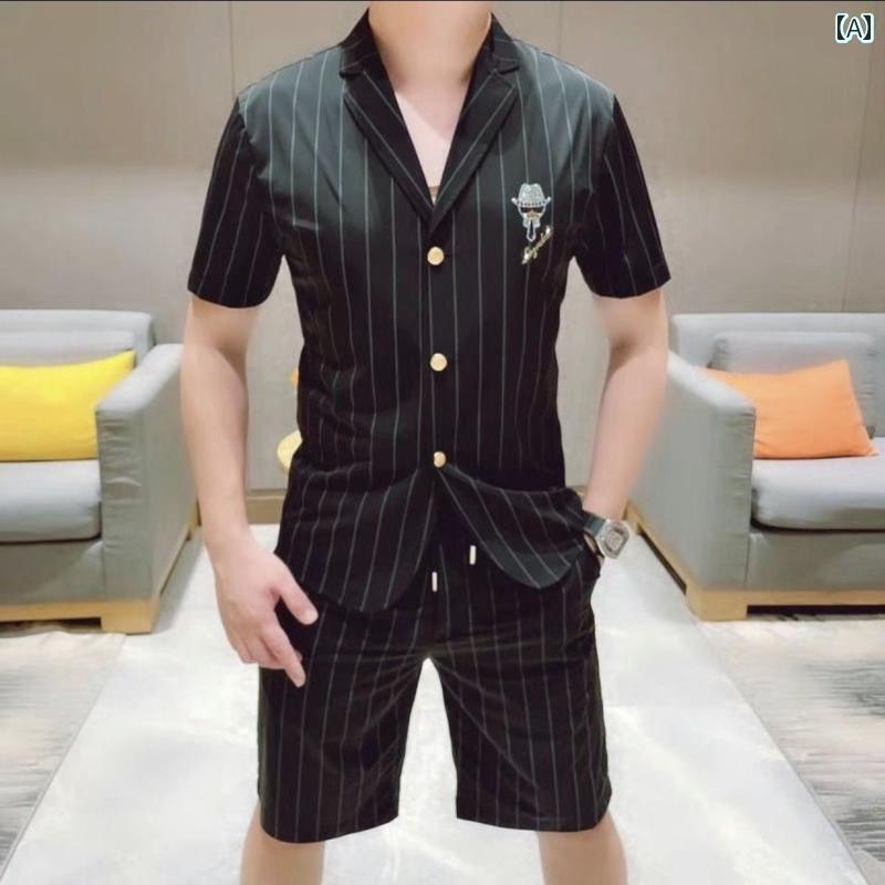 セットアップ メンズ 夏 半袖 薄手 シャツ シングルブレスト スリムフィット ハーフパンツ 大きめサイズ ストライプ 黒 刺・墸 おしゃれ