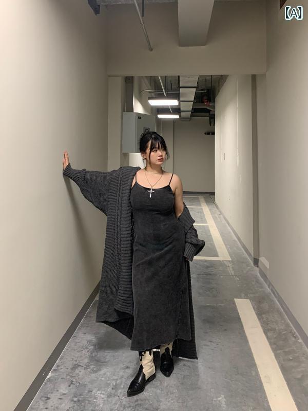 ワンピース 大きめサイズ ぽっちゃり レディース 秋 キャミソール ノースリーブ ロング丈 プルオーバー スリム ウエスト シンプル 無地|おうち健康生活
