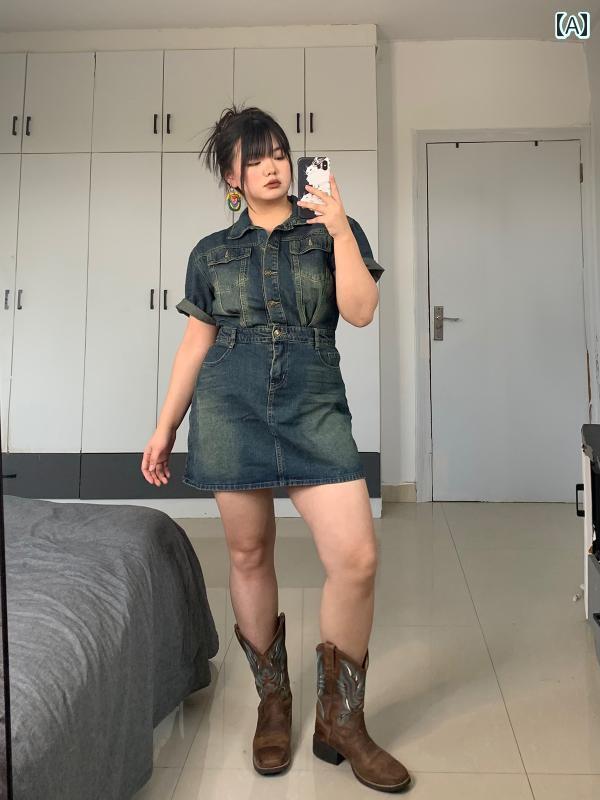 ワンピース 大きめサイズ ぽっちゃり レディース 夏 半袖 Aライン ミニ ショート 丈 スカート デニム ブルー おしゃれ カジュアル アメリカン｜おうち健康生活