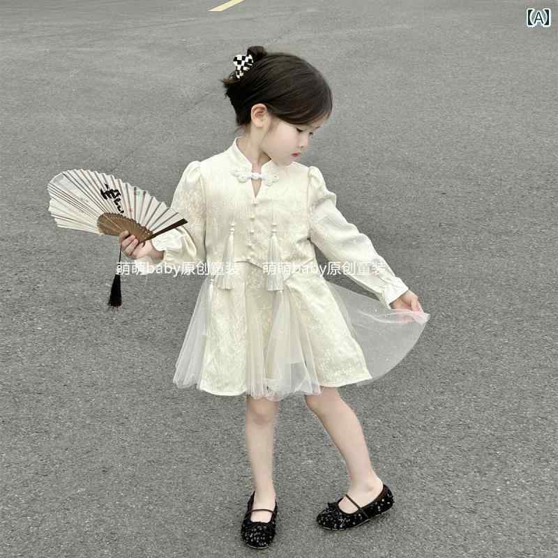 ワンピース 女の子 チャイナ風 キッズ 春 チュール ふんわりスカート スタンドカラー タッセル ビジュー 膝丈 Aライン 長袖 ゴム シンプル かわいい
