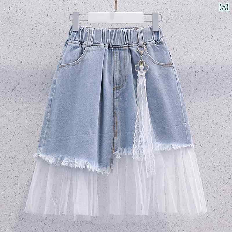 デニムスカート キッズ 女の子 夏 ダメージ ウエストゴム ポケット レース チャーム 大きめサイズ 上下セット トップス Tシャツ 青 白 紫 花柄 英文字プリント