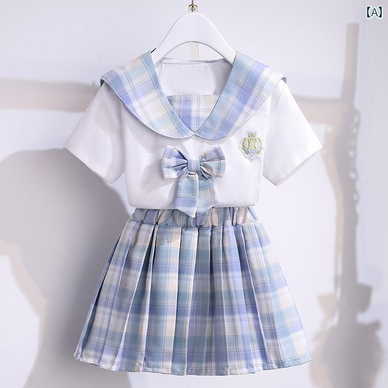制服風 衣装 キッズ 女の子 JK セットアップ プリーツ スカート カレッジ 夏 薄手 子供服 コットン 半袖 チェック りぼん かわいい 青 ピンク｜おうち健康生活