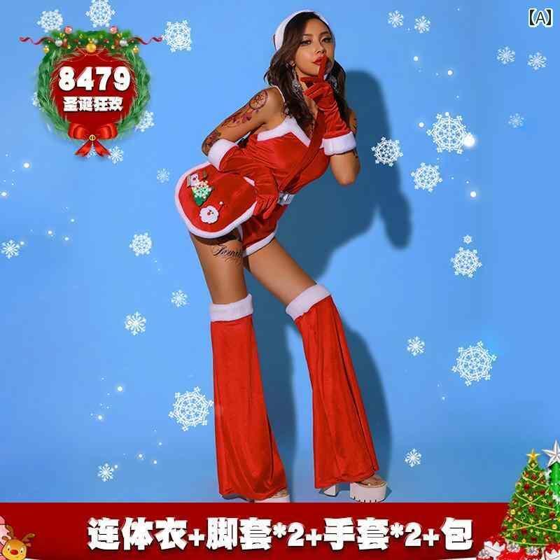 サンタ コスプレ セクシー レディース クリスマス パーティー バー パフォーマンス キャバ 冬 帽子 赤オールインワン レッグウォーマー 手袋 セット