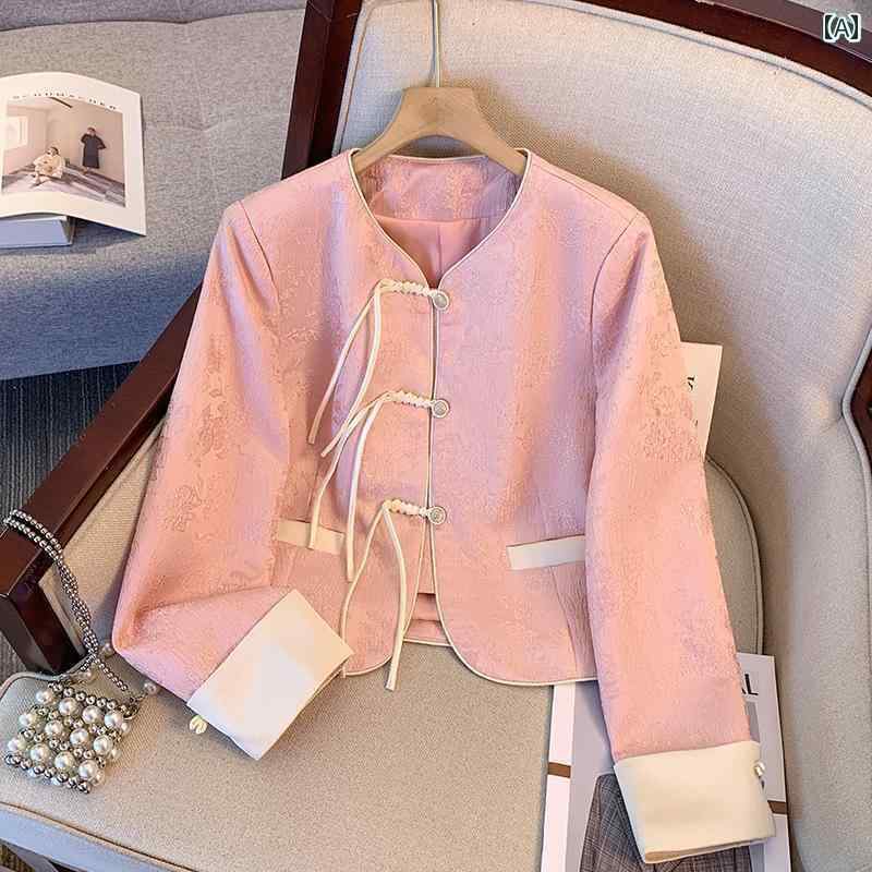 ノーカラージャケット レディース 春 きれいめ 長袖 チャイナ風 ボタン ジャカード 薄手 白 ピンク ラウンドネック バイカラー オフィス｜おうち健康生活