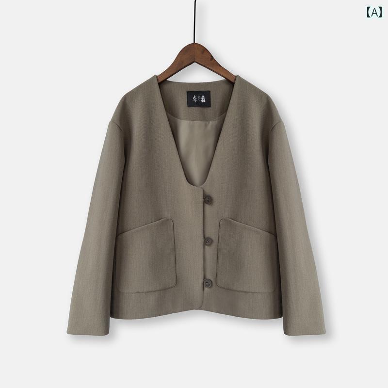 ノーカラージャケット レディース 秋 きれいめ 長袖 ゆったり シンプル 無地 Vネック 黒 茶 着痩せ シック 普段使い オフィス ボタン｜おうち健康生活