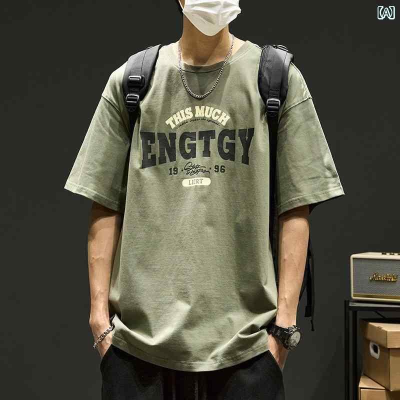 tシャツ メンズ 半袖 大きめサイズ ゆったり ラウンドネック ドロップスリーブ 五分袖 レトロ 夏 通気性 2枚セット 英文字プリント 緑 白 カーキ カジュアル
