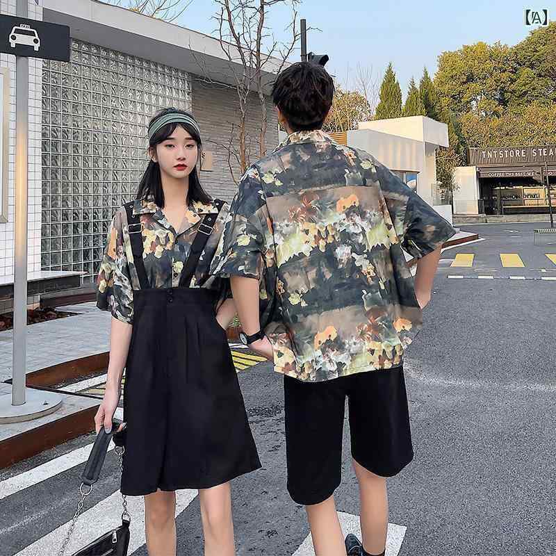 夏服 メンズ 派手 シャツ ハーフパンツ レディース サロペットスカート セットアップ カップル 半袖 シングルブレスト 襟 大きめサイズ 総柄 おしゃれ