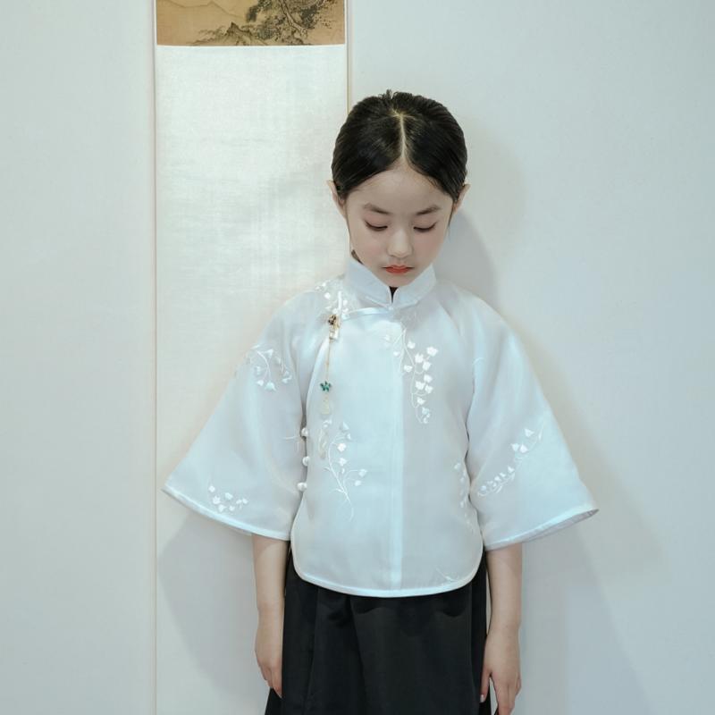 瀬戸もの風 トップス お姉さん キッズ 赤ちゃん 御坊っちゃん レトロ 広広とした捩り 七分袖 刺しゅう 一こま お召しもの 祝する日 告げ知らせる会 分かりやすい 今めかしい 窈窕たる 白 スズラン柄 キッズファッション-キッズ・ベビー・マタニティ-ドレス
