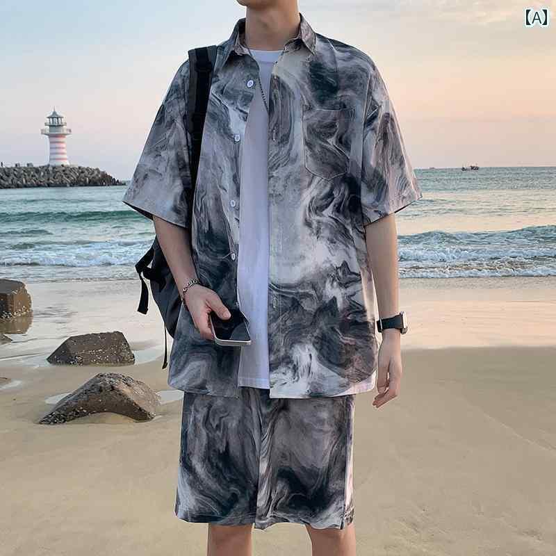 夏服 メンズ 派手 上下セット シャツ シングルブレスト 襟 ハーフパンツ ひんやり 半袖 薄手 ビーチ 大きめサイズ ゆったり グレー 青 総柄