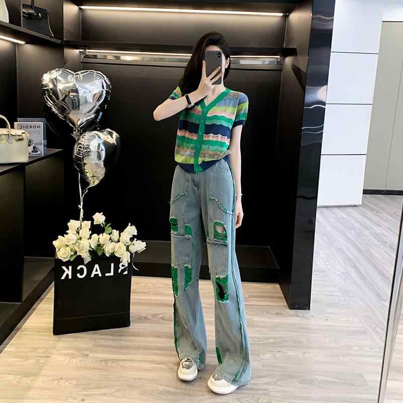 セットアップ レディース 夏 ニット 半袖 トップス ワイド デニムパンツ 2点セット ゆったり
