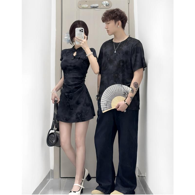 カップルウェア ペアルック メンズ レディース Tシャツ ワンピース 新中華風のチャイナドレスデザイン 高級感 個性的 半袖 クルーネック スリムフィット 花柄 春夏 カジュアル シワになりにくい