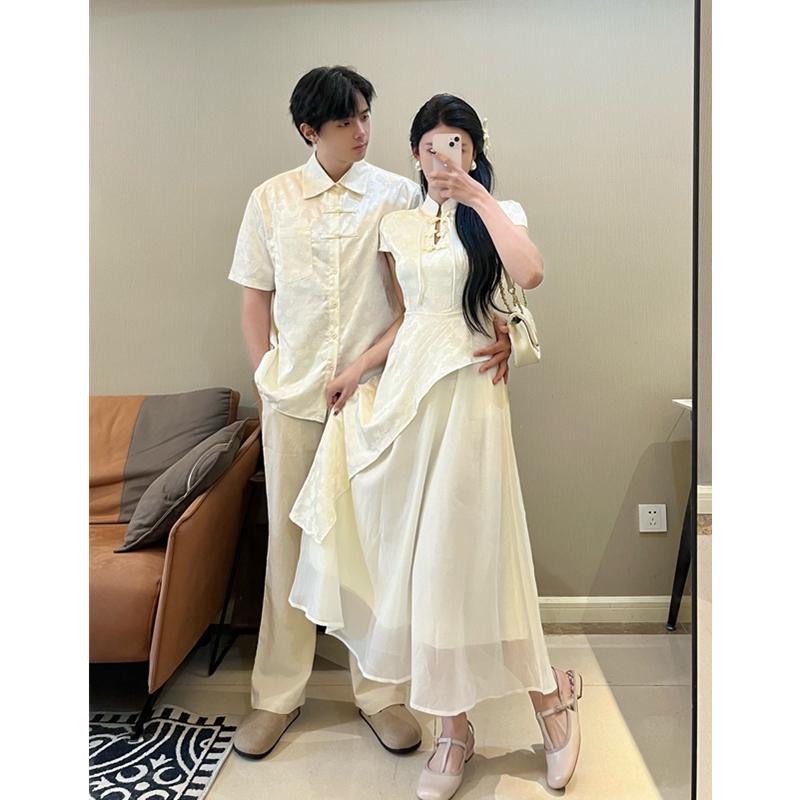 お揃いの服装 現代風中華スタイル フレンチスタイル メンズ 半袖シャツ レディース チャイナワンピース 個性的デザイン Aライン ミディ丈 夏 ポリエステル 普段使い お出かけ リゾート
