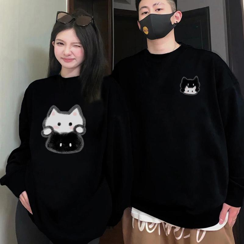 トレーナー お揃い 男女兼用 丸首 裏起毛 長袖 かわいい 猫柄 動物柄 ゆったり大きめ 秋冬 防寒 保温 部屋着 普段使い 綿とポリエステルの混合｜おうち健康生活