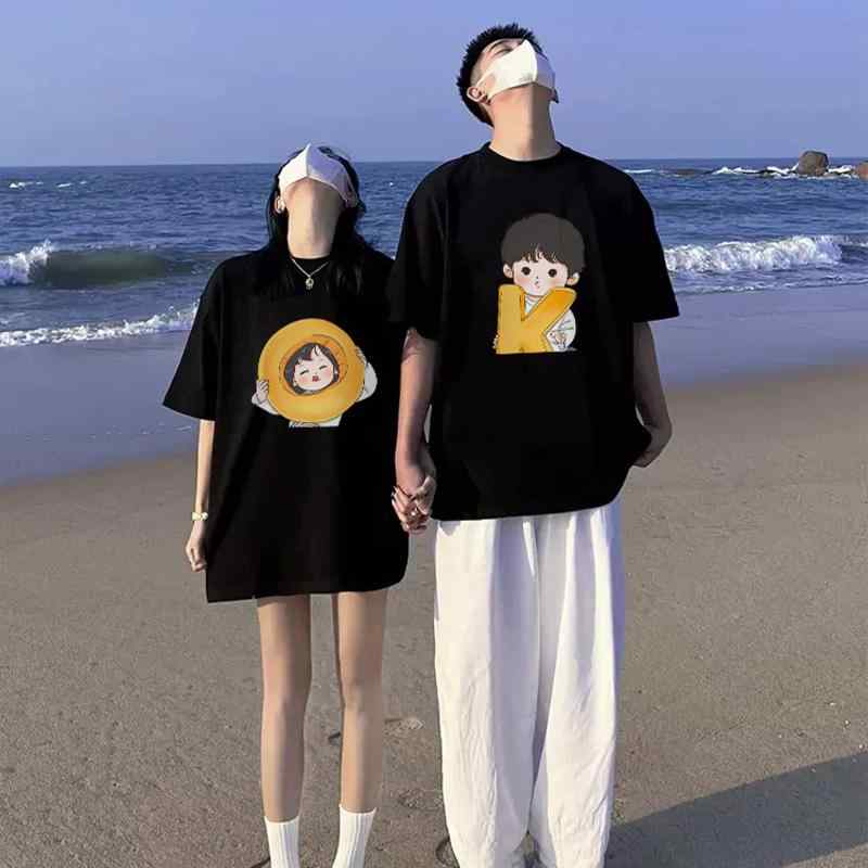 Tシャツ カップル ペア 男女兼用 半袖 綿 コットン 天然 ゆったり 大きめ 丸首 春夏 日常使い カジュアル 同色系 白 黒