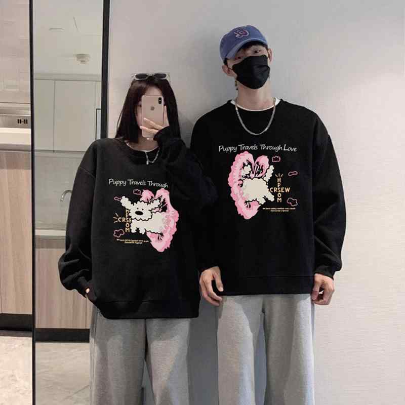 パーカー お揃い 秋冬 同じ色合い ハート柄と犬の絵柄プリント 流行のゆったりとした形 普段使いしやすい 裏起毛 かぶりタイプ 綿混
