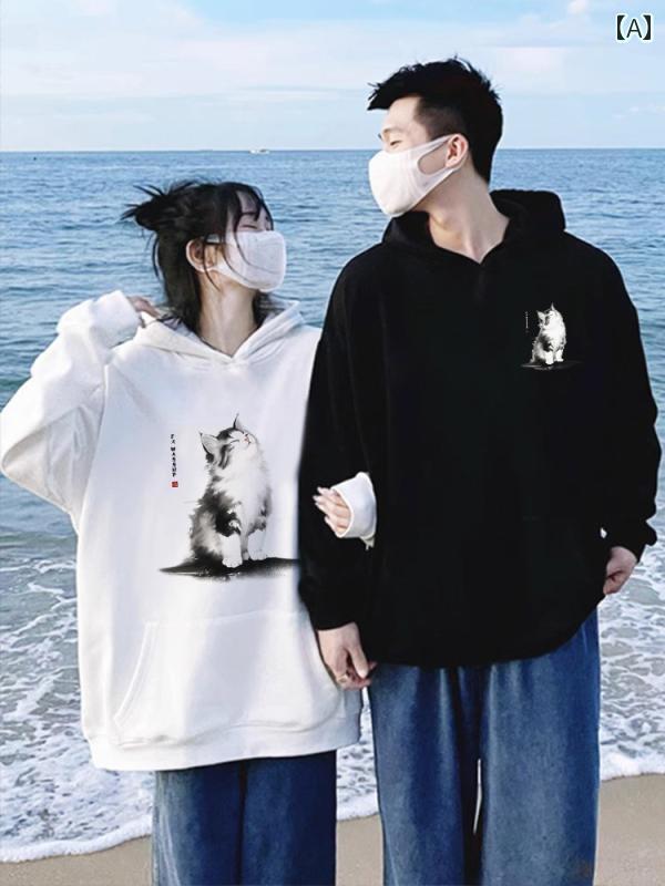 パーカー メンズ レディース 男女兼用 墨絵 猫柄 長袖 フード付き ゆったり大きめ 綿 ポリエステル 混紡 ストリートファッション 秋冬 かぶりタイプ|おうち健康生活