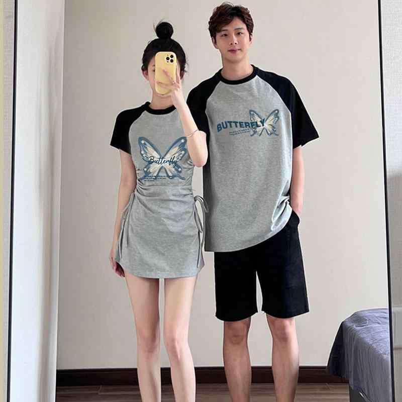 Tシャツ ペアルック カップル メンズ レディース 春夏 高級感 半袖 トップス スカート セット コットン クルーネック 丸首 ゆったり リラックス カジュアル 普段使い|おうち健康生活