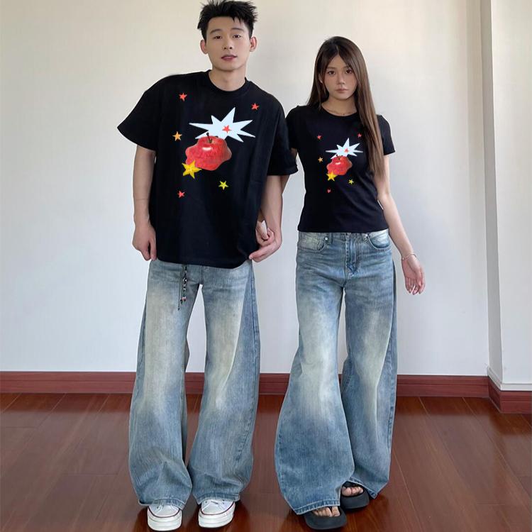 Tシャツ カップル ペア セットアップ 半袖 丸首 プリント 綿 細身 個性派 独特 夏 普段着感覚 普段使い 男女兼用 白 黒
