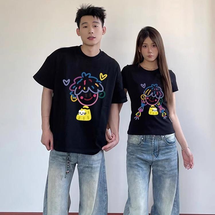 Tシャツ トップス レディース カップル お揃い 個性的なシンプルな顔イラスト柄 綿 丸首 半袖 細身 標準的な肩 プリント柄 通勤 カジュアル 夏