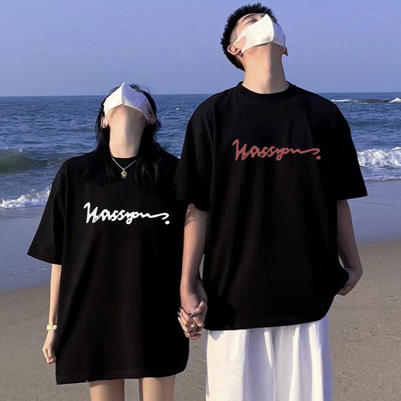 Tシャツ 男女兼用 ペアルック 半袖 綿 丸首 黒 春夏 ゆったりとした大きめなシルエット 英字 絵柄プリント