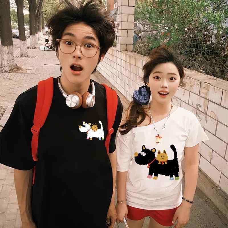Tシャツ カップル ペアルック 男女兼用 高級感 オフショルダー クルーネック 半袖 細身 綿 コットン プリント カジュアル 韓国風 上下セット 夏