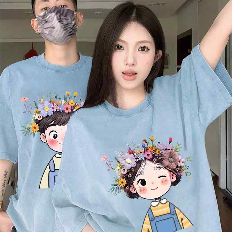 Tシャツ 男女兼用 カップル ペアルック 半袖 気分が上がるコーディネート ゆったりとした大きめデザイン 上下セット 綿 ポリエステル 丸首 春夏 カジュアル 普段使い