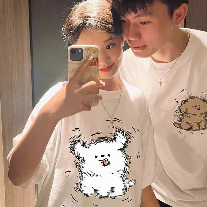 Tシャツ カップル 男女兼用 半袖 春夏 ドッグプリント 犬柄 子犬 ゆったり 大きめ 綿 クルーネック 高級感 流行 おしゃれ 普段使い カジュアル 上下セット