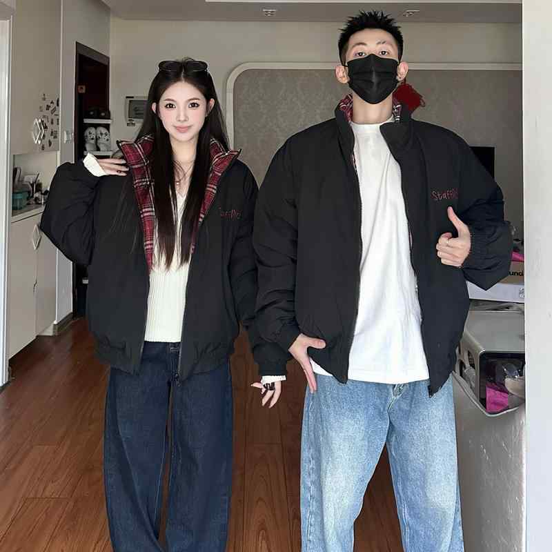 中綿ジャケット 男女兼用 リバーシブル レッド チェック柄 ハイネック アメリカン レトロ カップル ゆったりシルエット 防寒 保温性 厚手 秋冬 アウター