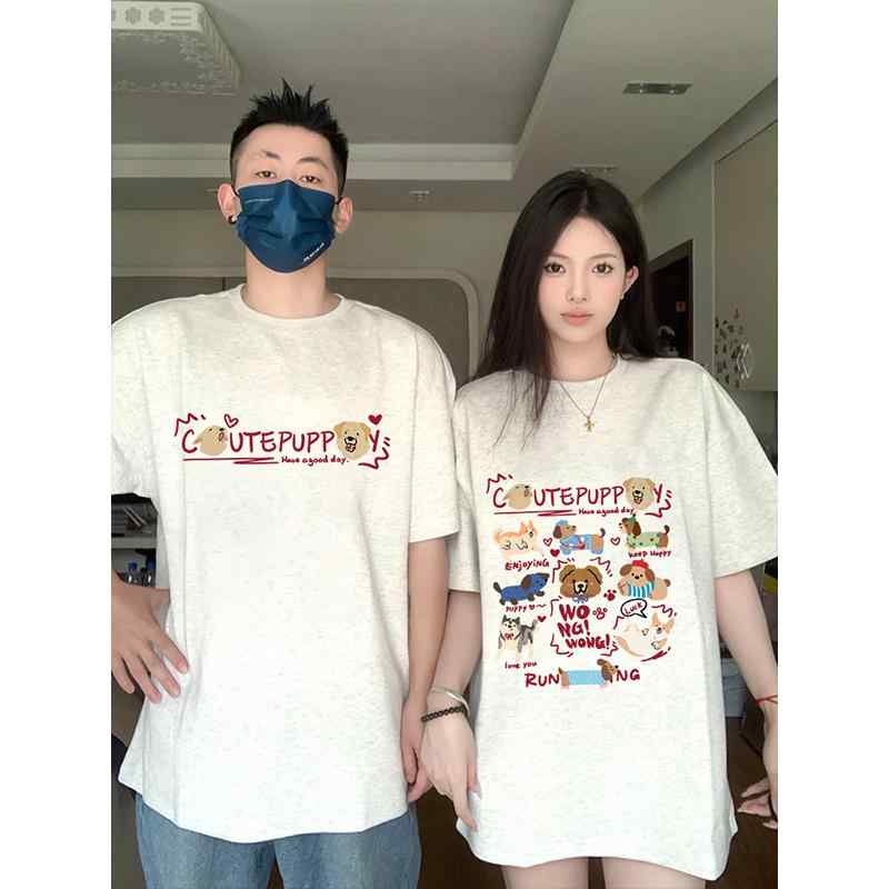 Tシャツ カップル ペア お揃い 男女兼用 夏物 半袖 セットアップ 高級感 コットン 綿 ゆったり 普段使い カジュアル 丸首 プリント お手入れ簡単｜おうち健康生活