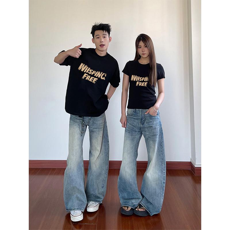 Tシャツ カップル ペアルック 半袖 トップス カットソー 綿 ゆったり ビッグシルエット クルーネック 夏 セットアップ 普段使い 日常使い カジュアル ストリートファッション シワになりにくい アイロン不要
