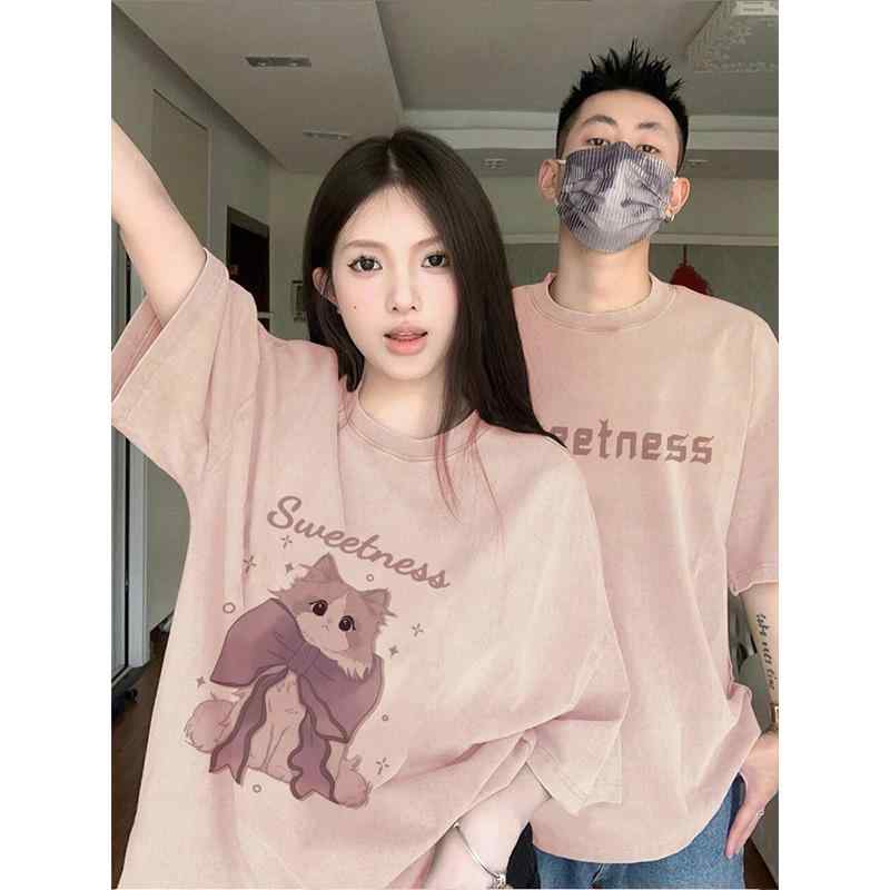 Tシャツ カップル用 半袖 上下セット 個性的なデザイン 高級感 綿 クルーネック ゆったり ゆとりのある形 動物柄 普段使い 春夏