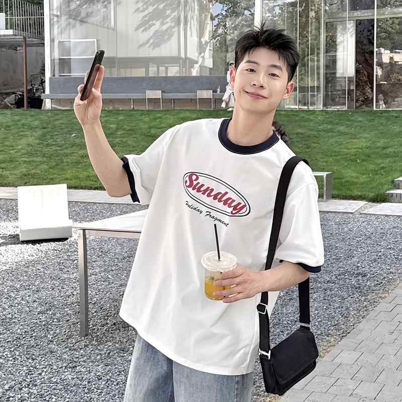 Tシャツ メンズ 春夏 ホワイト バイカラー クルーネック レタープリント 半袖 トップス ゆったりとした着心地 カジュアル 普段使い ジェンダーレス ボーイッシュ 通気性 お手入れが簡単