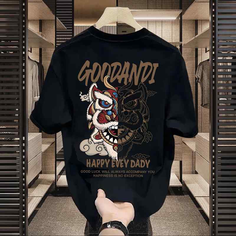 Tシャツ メンズ 半袖 クルーネック ひんやり 獅子舞柄 プリント ビッグシルエット ゆったり 春夏 綿混 通気性 カジュアル ストリート 普段使い