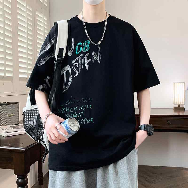 Tシャツ メンズ 中高生 半袖 トップス 綿 コットン ゆったり ビッグシルエット クルーネック 通気性 ロゴデザイン 春夏 普段使い カジュアル