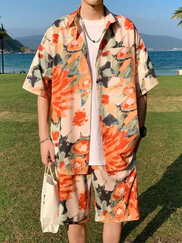 上下セット メンズ 半袖シャツ 半ズボン 花柄 夏 海辺 リゾート カップル お揃い 大きいサイズ カジュアル 接触冷感 ゆったり ポリエステル 伸縮性 開襟 総柄 薄手