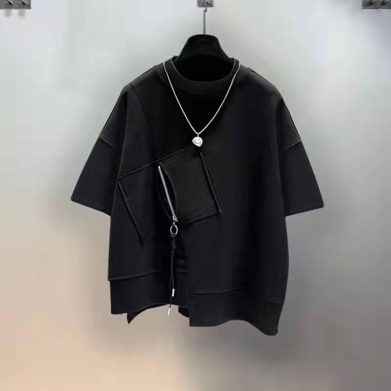 Tシャツ メンズ 五分袖 ジッパー 切り替え デザイン ゆったり クルーネック トップス 春夏 トレンド カジュアル おしゃれ 普段使い かっこいい
