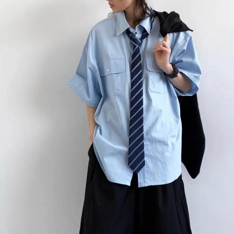 シャツ トップス 男女兼用 ユニセックス 学生 レトロ ヴィンテージ風 学校風 半袖 ゆったり オーバーサイズ ブルー 無地 ワークウェア 切り替え カジュアル 春夏 アイロンいらず