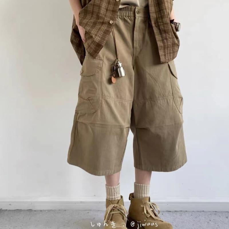 カーゴパンツ 男女兼用 春夏 日系レトロ リラックス プリーツ加工 カジュアル ゆったり ストレート ビッグポケット 七分丈 クロップド