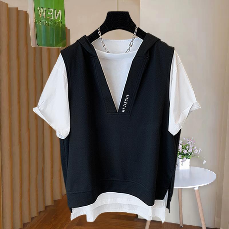 Tシャツ メンズ ゆったり フード付き 半袖 重ね着風 韓国風 おしゃれ 流行りの 都会的なカジュアル 春夏 無地 大きめのシルエット 通気性 シワになりにくい